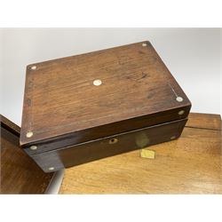 A 19th century mahogany and brass mounted coal scuttle or box, the hinged front opening to reveal a lined interior, not including handle H28cm L30cm D39cm, together with a 19th century mahogany writing slope, with vacant brass plaque to the hinged opening cover, H14cm L30.5cm D22.5cm, and a 19th century rosewood box, with inset mother of pearl detail and escutcheon, H10.5cm L27cm D20cm. (3).  