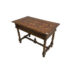 Early 20th century carved oak side table, the rectangular top with cross section inlay, frieze carved with foliate decoration, raised on spiral turned supports united by barley-twist stretcher with finial