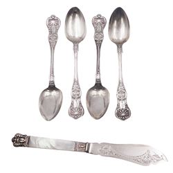 Victorian mother of pearl handled butter knife, with stylised silver ferrule and terminal, and shaped and engraved silver blade, hallmarked Mappin & Webb Ltd, Sheffield 1893, together with four Victorian Scottish silver Kings pattern teaspoons, hallmarked John Murray or John Muir, Glasgow 1854, approximate total gross weight 4.81 ozt (149.6 grams)
