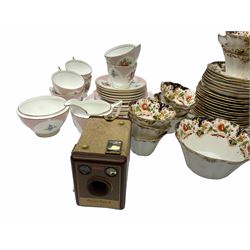 Tea wares, including Keswick and meir china, along with a glass bowl with pinked rim, two vintage Kodak cameras, two boxes. 