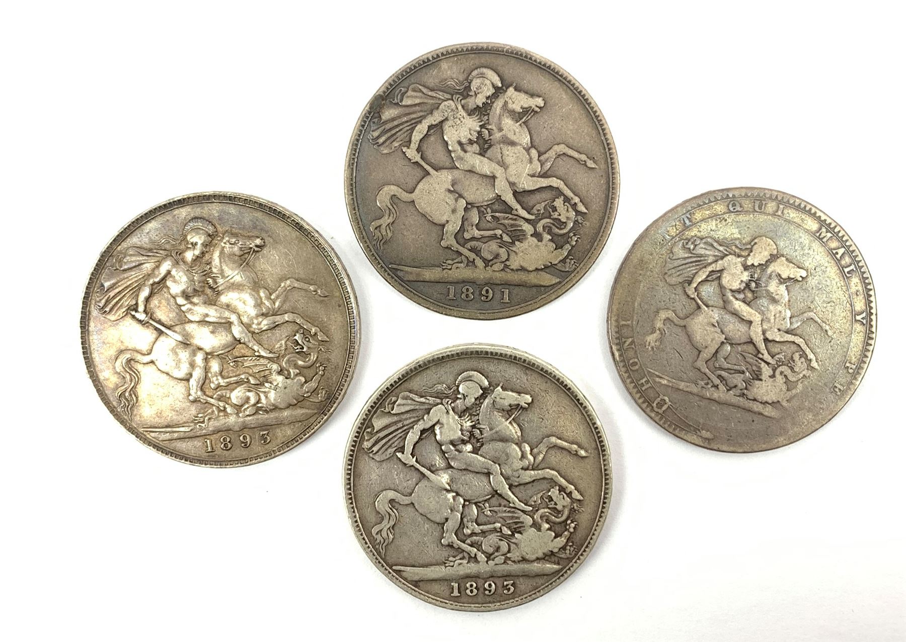 King George III 1819 crown coin and three Queen Victoria Crowns, one dated 1891 and two 1893 (4)