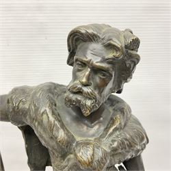 Pair of bronzed figure modelled as a hunter in traditional dress, each holding a pike, H48cm