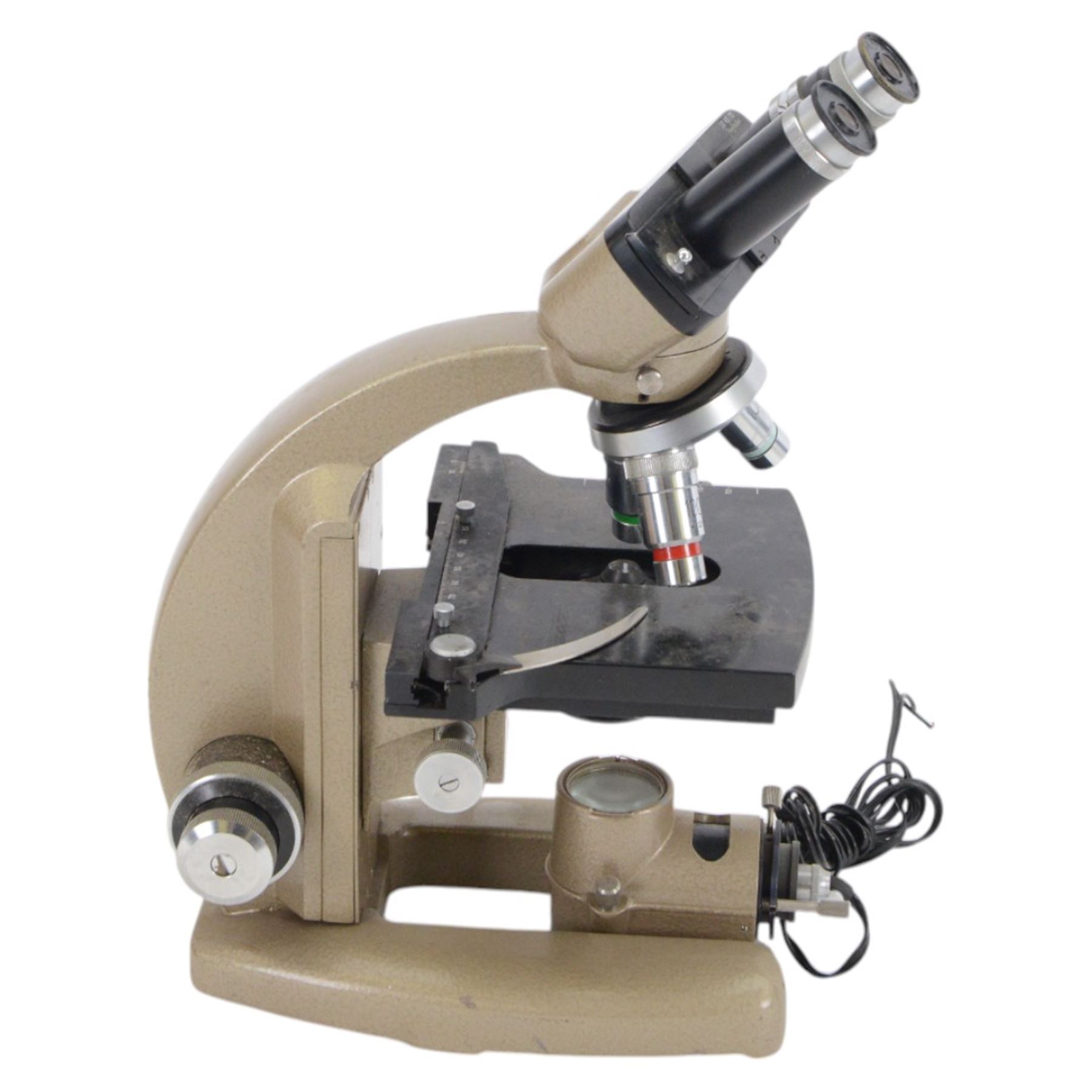 Three microscopes, including Griffin Student Vernier Microscope, Vickers Instruments binocular microscope with Leitz Wetzlar Periplan 10x lenses, and a Carl Zeiss Jena binocular microscope in a wooden Olympus Tokyo box