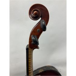 German trade violin 1950s with 36cm two-piece maple back and ribs and spruce top, bears label 'Johann Stainer in Absam prope Oenipontum 1650' L59cm; in carrying case with bow impressed Tourte