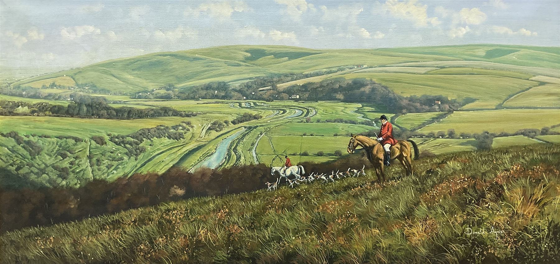 Donald Ayres (British 1936-): Huntsman and Hounds at 'Cuckmere River - Sussex', oil on canvas signed, titled verso 49cm x 99cm
Provenance: private collection, purchased Dee, Atkinson & Harrison 8th July 2005