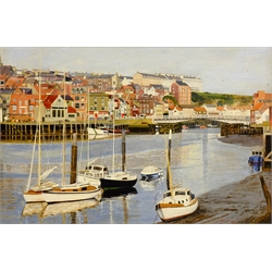 Tom S Hoy (British 20th century): Yachts in 'Whitby' Harbour, acrylic on board signed, titled verso 30cm x 44cm