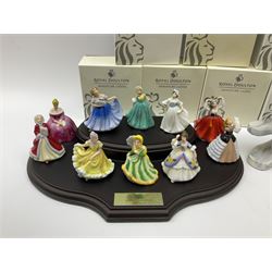 Six Royal Doulton Pretty Ladies figures, comprising Rebecca, Belle, Deborah, Jennifer, Jessica, and Lauren, with display stand, together with ten Royal Daulton Miniature Ladies figures, Ninette, Christine, Rachel, Elizabeth, Margret, Karen, Elaine, Victoria, Jane, and Susan, with display stand, all with boxes. 