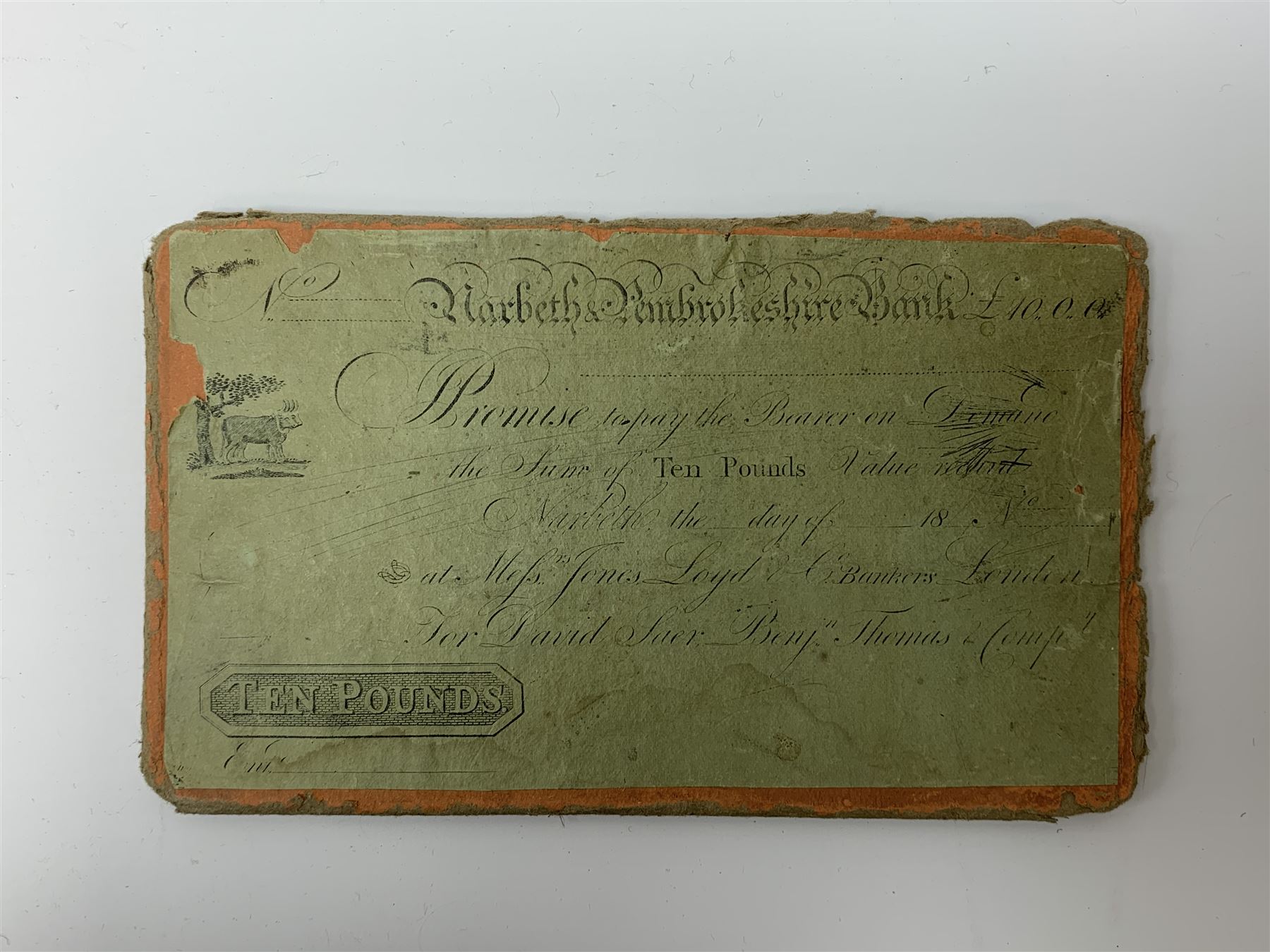19th Century provincial Narbeth and Pembrokeshire bank copper banknote printing plate for ten pounds, housed in a card sleeve the front being printed with the banknote design 