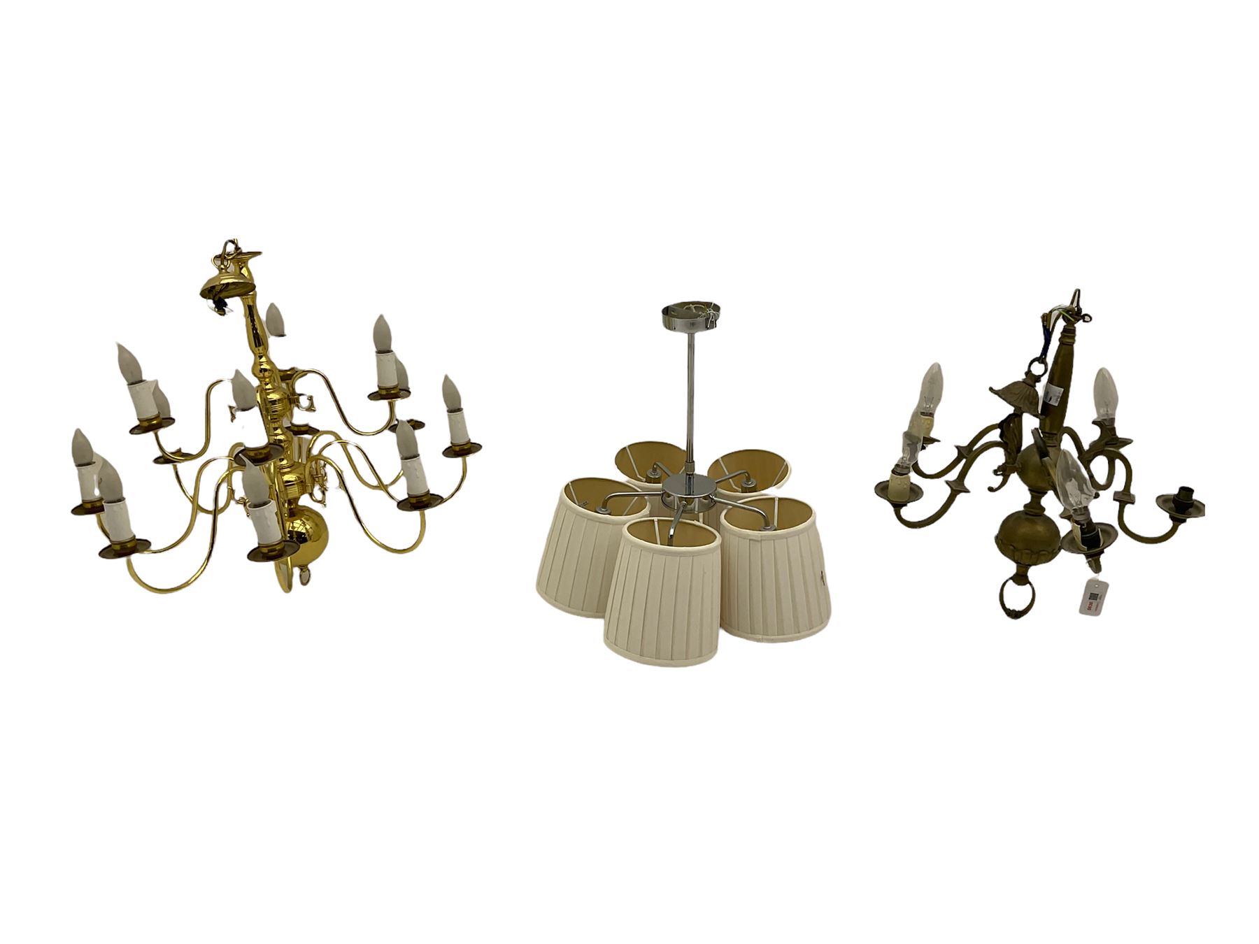 Brass twelve branch chandelier, heavy brass five branch chandelier and a modern light fitting (3)