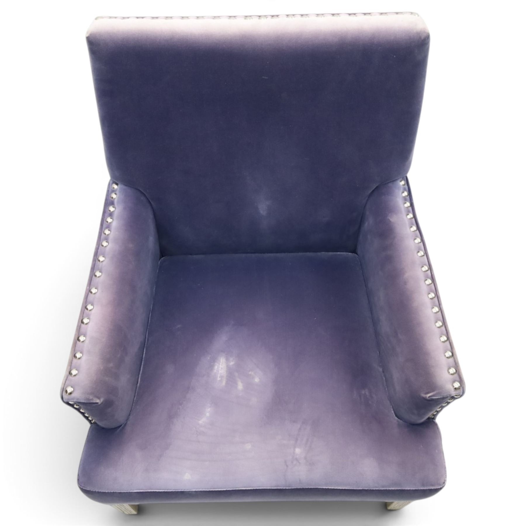 OKA - Sutcliff armchair, upholstered in purple velvet, chrome studded detailing, raised on grey stained legs