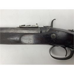 19th century George Gibbs of Bristol .461 cal. muzzle loading percussion match rifle with 28cm cut-down barrel and cut-down stock, Metford type rifling, fitted with additional three folding leaf rear sight to 400yds, back action sight still fitted to tang, maker's name to lock and top of barrel, serial no.439. L46.5cm overall