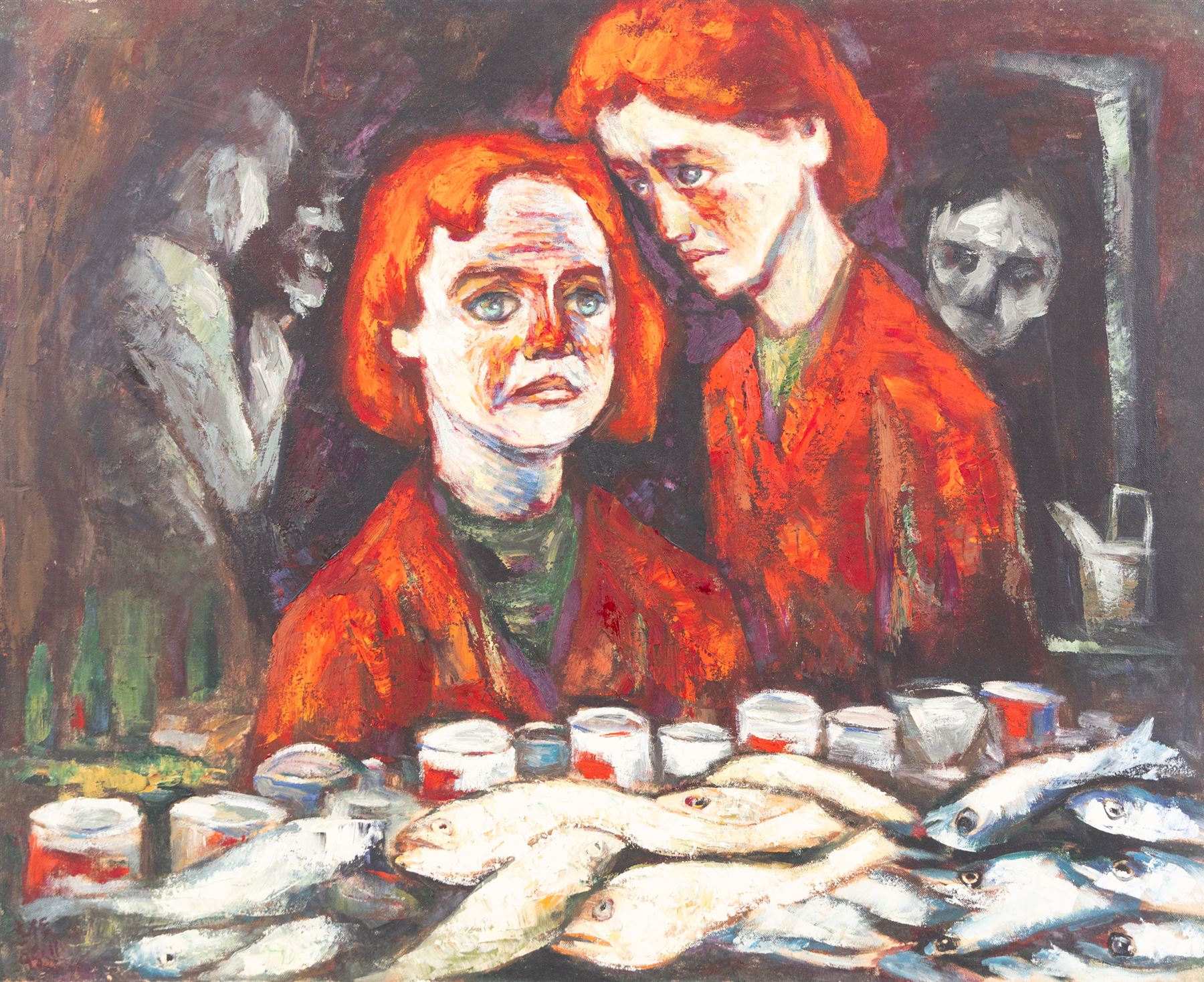 Zhijun Ren (Chinese 1948-): Surreal Portraits and Views, seven oils on canvas variously signed and inscribed, larger examples 55cm x 66cm (7)