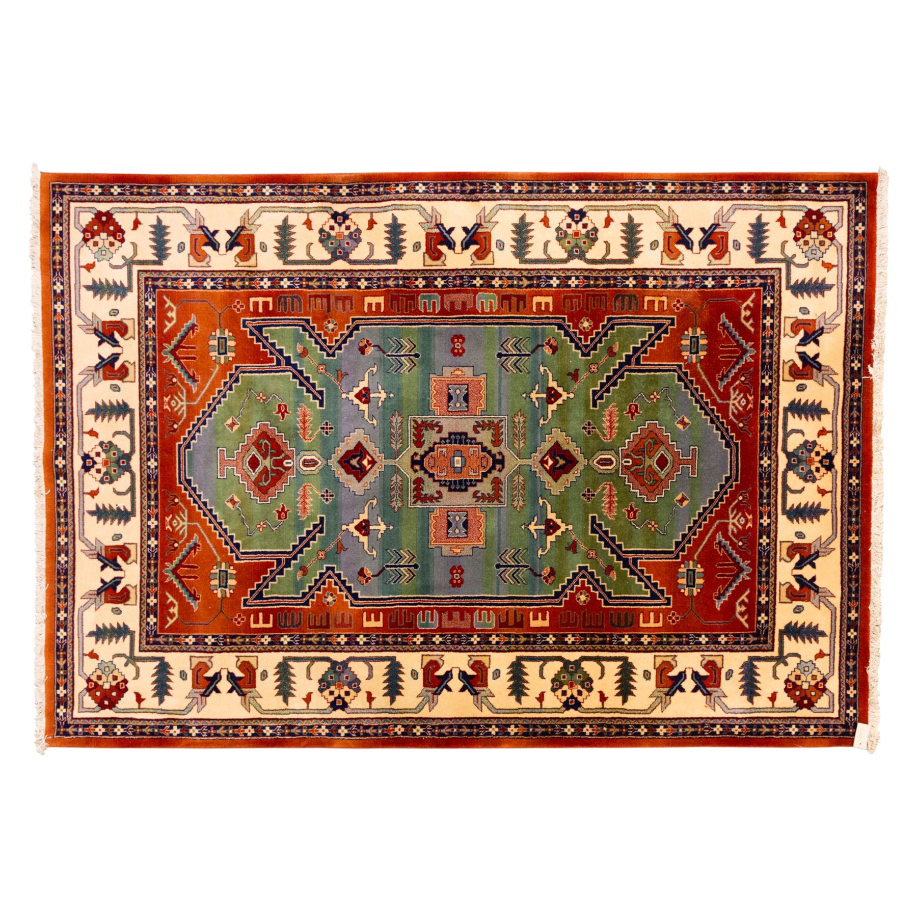 Late 20th century, French-made Caucasian design rug, woven with a dense pile, field decorated with a bold central stepped medallion flanked by stylized tribal and geometric motifs, borders of angular foliate designs in a palette of terracotta red with cotton fringe ends