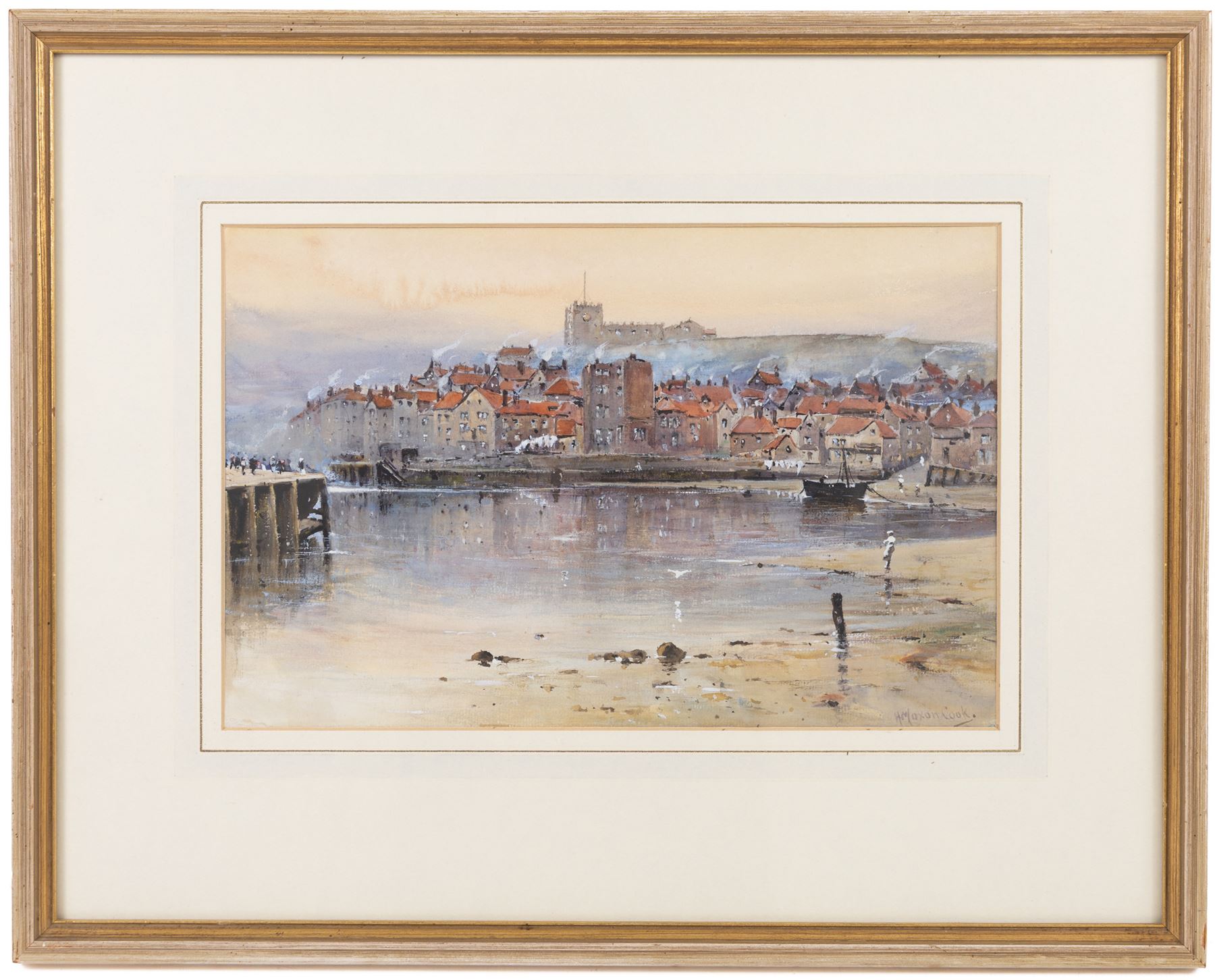 Herbert Moxon Cook (British 1844-1928): Whitby Chimneys at Dusk, watercolour heightened with white signed 20cm x 31.5cm 