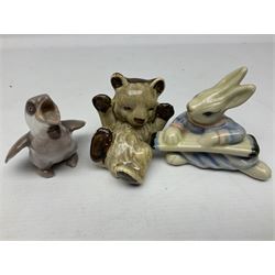 Three Beswick figures of horses, comprising Palomino foal 915, Dapple Grey foal and bay, together with Bing & Grondahl 1852 fledging sparrow modelled as a hungry baby bird and two other animal figures