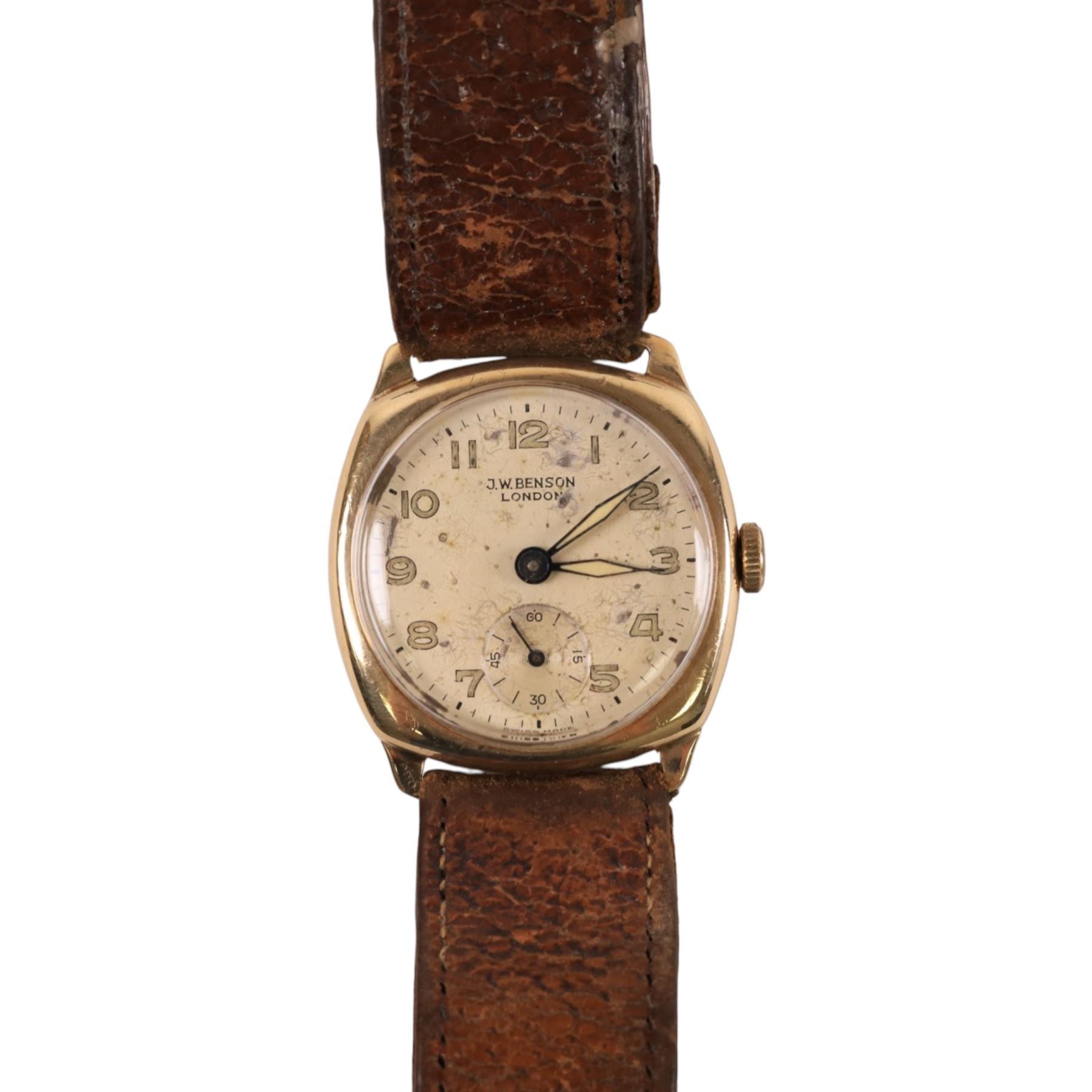 9ct gold manual wind wristwatch by J.W Benson, London silvered dial with subsidiary seconds dial, Birmingham 1957