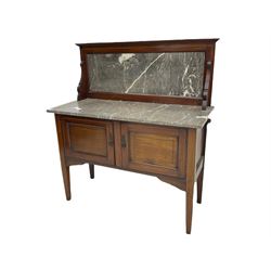 Edwardian inlaid mahogany washstand, raised grey and white marble back and top, fitted with double cupboard, square tapering supports