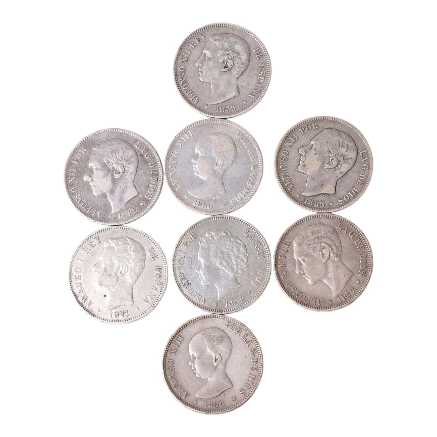 Eight Spain silver five pesetas coins, comprising Amadeo I 1871, Alfonso XII 1875, 1877, and 1885 (2), Alfonso XIII 1889, 1890, and 1894 (8)