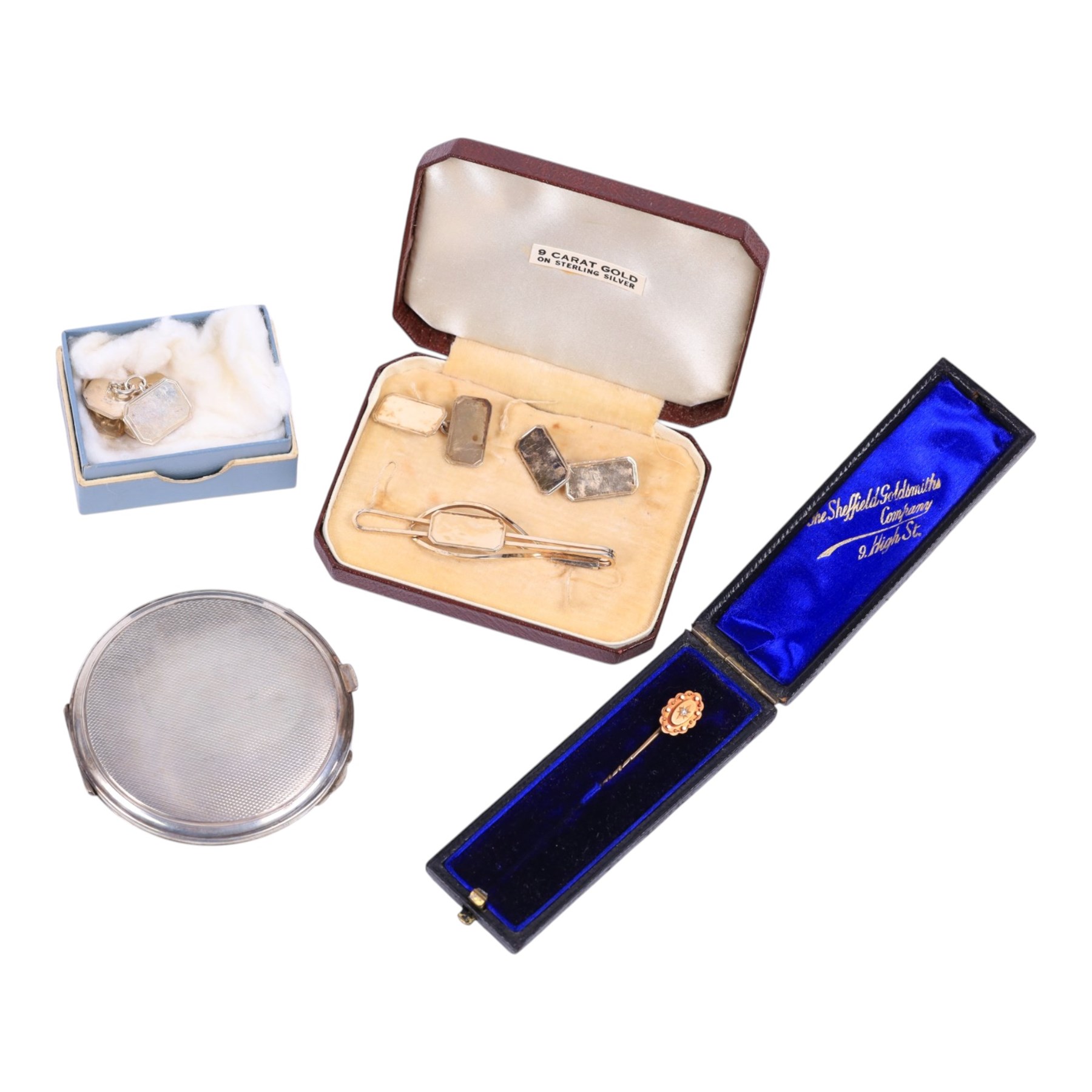 Mid 20th century silver powder compact, of circular form with engine turned decoration and engraved initials to interior, hallmarked, together with a pair of silver cufflinks, gold on silver cufflinks and tie clip, 15ct gold stick pin set with rose cut diamond, mirror D6.5cm