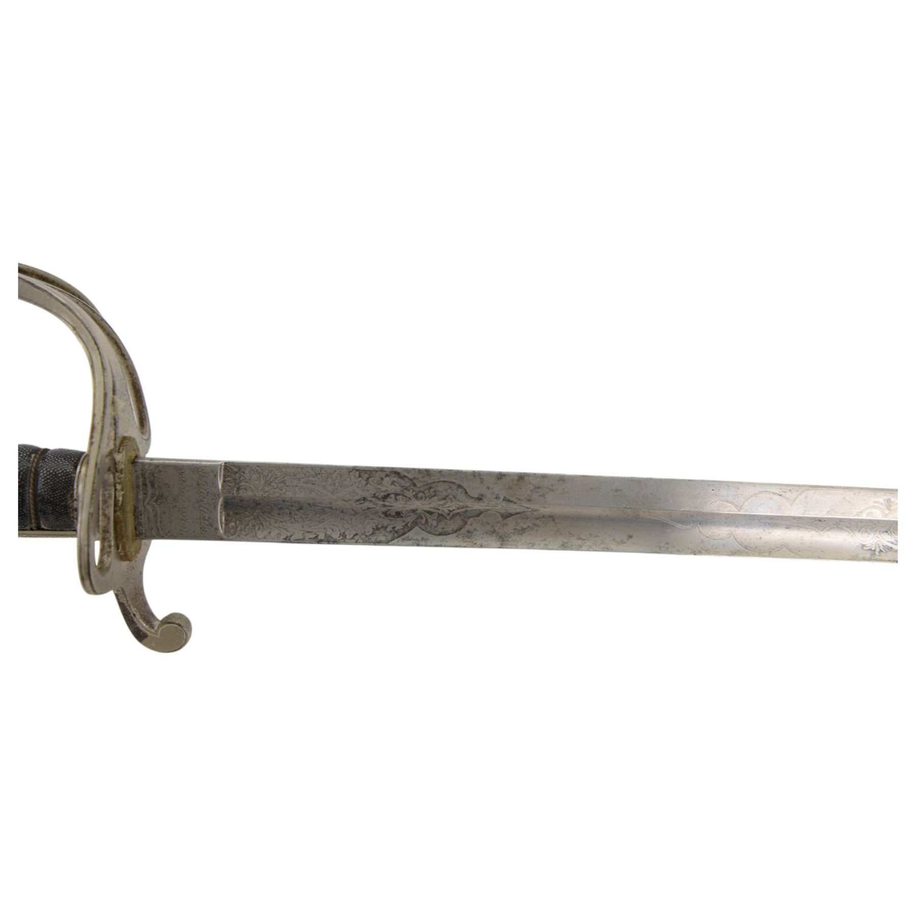 British Artillery Officer's sword by J. Daniels & Co, Artillery Place Woolwich, the 88cm steel blade engraved Durham R.G.A (H.E), wirebound fishskin grip, chequered backstrap and stepped domed pommel, in brown leather scabbard, overall L104cm