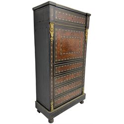 Late 19th century French ebonised and amboyna secrétaire à abattant, white marble top over frieze drawer, fall front and four further drawers, inlaid with trailing pattern in mother of pearl, mounted by cast gilt metal brackets with floral festoons, plinth base with foliate mounted edging and brass stringing, on turned feet 