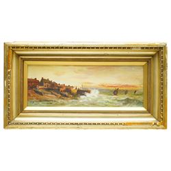 J Bell (British Naive School 19th/20th century): Coastal Scene and Windmill, pair oils signed and dated 1908, 13cm x 39cm (2)