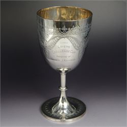 Victorian silver trophy cup, of goblet form the bowl with presentation engraving and folia...