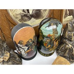 Franklin Mint House of Faberge 'The Nativity' ceramic egg, together with a Russian doll decorated with nativity scenes, Cinque Ports Pottery monk salt and pepper shaker and other monk figures, etc