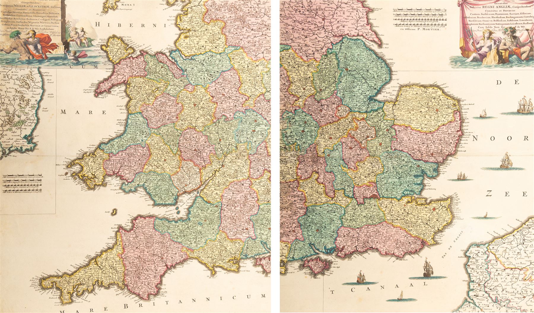 Frederik De Wit (Dutch 1629-1706): 'Occidentalior' & 'Orientalior' 'Regni Angliae' (Southeast & Southwest England), rare complete pair of 17th century engraved maps with hand-colouring pub. c.1685 with margins, 62cm x 53cm (2) (unframed)
