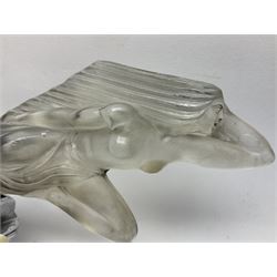 Red Ashay glass car mascot, circa 1929, Acceleration, modelled in frosted Art Deco glass as a nude woman leaping forward, attached to car mounting bracket, L24cm, H18cm 
