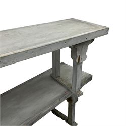 Pair of grey painted benches, rectangular seats on square supports 