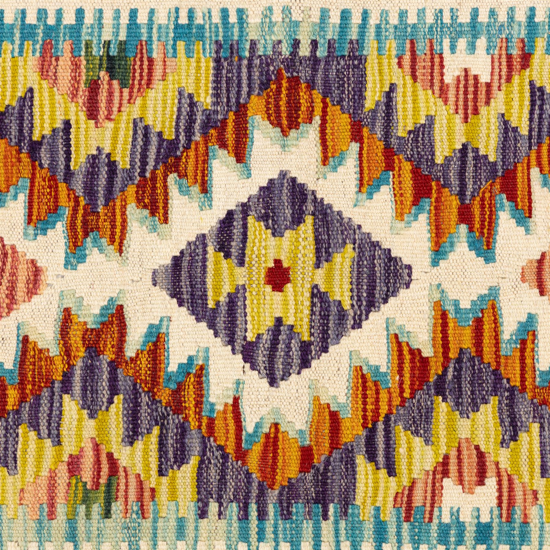 Two Chobi flatweave kilim runners with a repeating stepped diamond medallion design in live green, rust, teal, purple, and ivory, framed by chevron and geometric borders, (2)