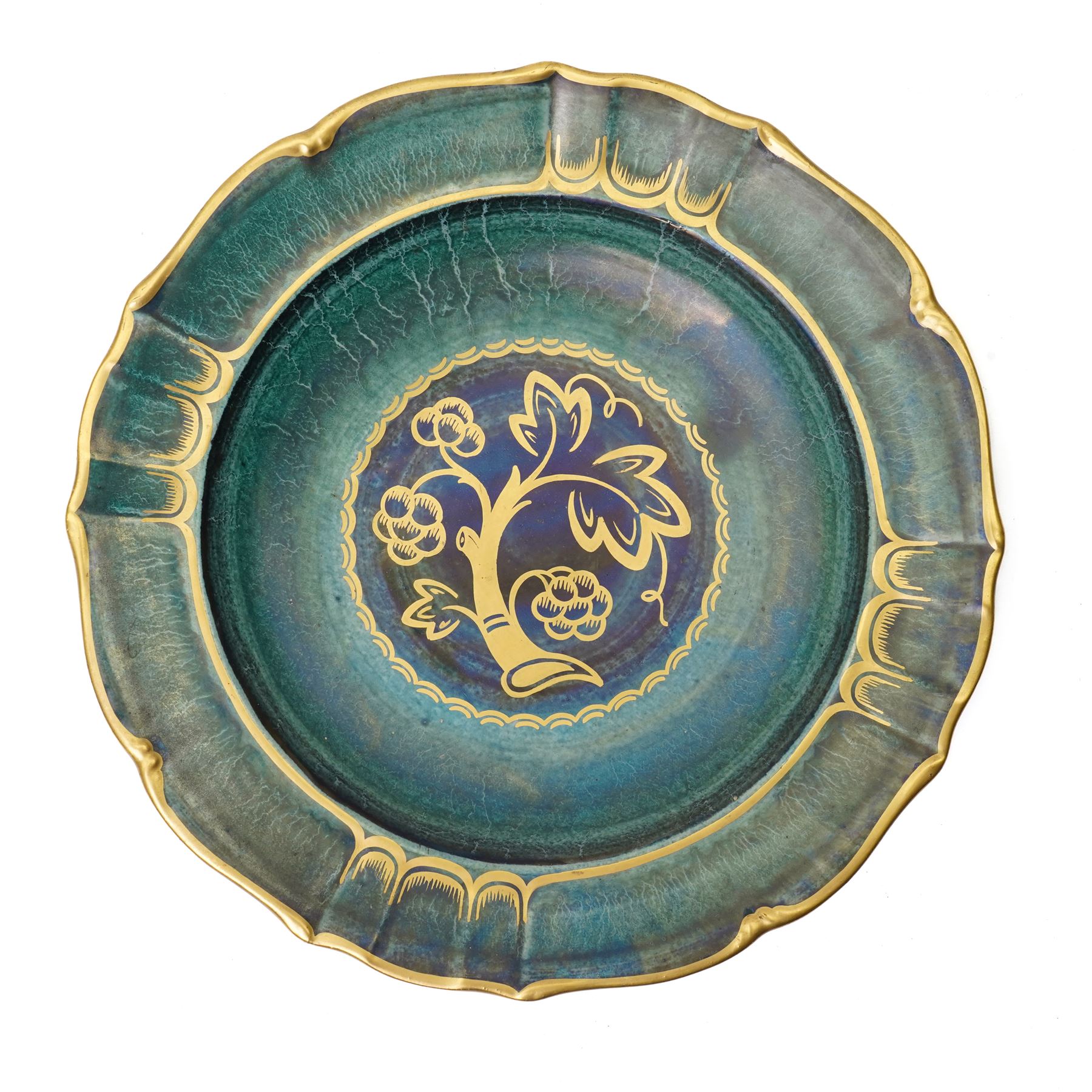 Josef Ekberg (Swedish 1877-1945) for Gustavsberg comport, c1930s, decorated in gilt with tree detail on a green lustre ground, gilt signature to base, D31cm