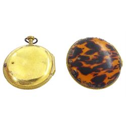 19th century gilt metal, triple cased verge fusee pocket watch, for the Turkish market by Edward Prior, London, No. 62801, pierced and engraved balance cock decorated with a classical urn, white enamel dial with Turkish hour markers, the outer tortoiseshell case, with pique work borders