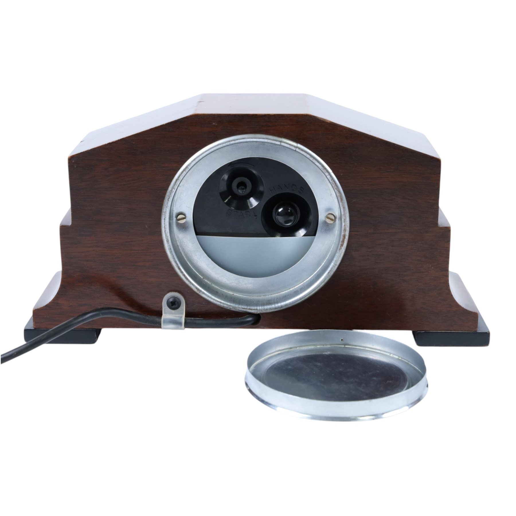 1940's Ferranti electric mantel clock, mahogany case with chromium octagonal bezel, H13cm, W26cm