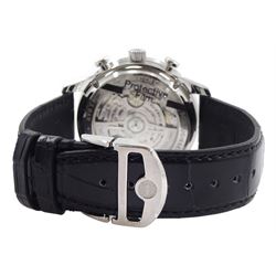 IWC (International Watch Company) Portugieser gentleman's stainless steel automatic chronograph wristwatch, Ref. IW371609, black dial with subsidiary dials at 12 and 6 o'clock for continuous seconds and 30 minute recording, on original black leather strap, boxed with warranty card dated 05.12.2023