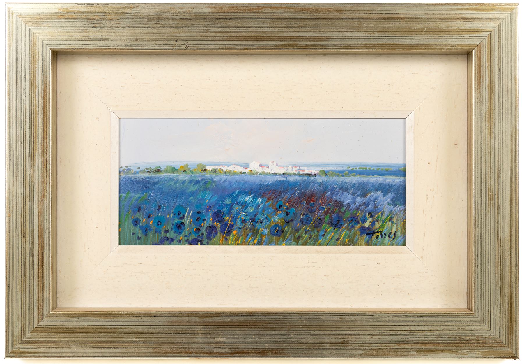 Miguel Torres (Spanish 1948-): Field of Sunflowers and Field of Blue Flowers, two oils on canvas signed 20.5cm x 20.5cm and 12.5cm x 28cm (2)