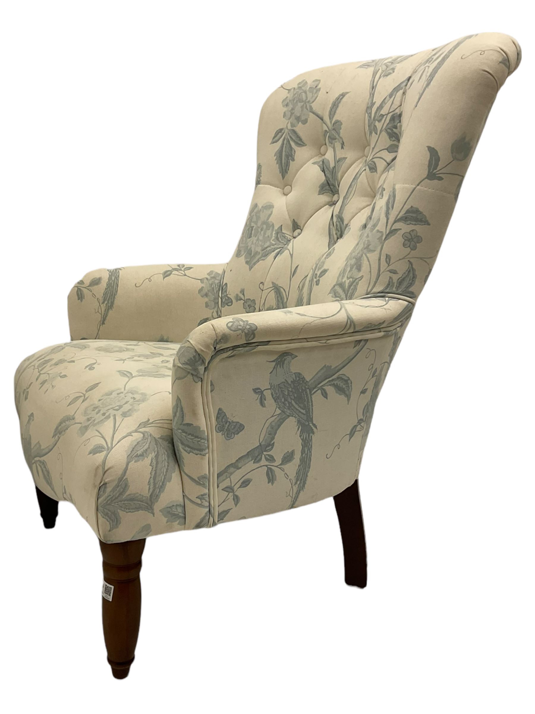 Victorian style bedroom chair, upholstered in light fabric decorated with birds and foliate, turned front feet