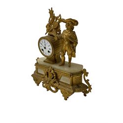 French - late19th century  8-day spelter and alabaster mantle clock, with a pierced rectangular base and standing figure representing an 18th century gallant in period costume, clock movement enclosed in a drum case with an enamel dial, Roman numerals, minute markers and steel moon hands, countwheel striking movement, striking the hours and half-hours on a bell. With pendulum.