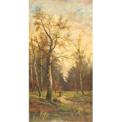 S William (19th/20th century): Carrying Firewood through the Forest, oil on panel signed 47cm x 25cm