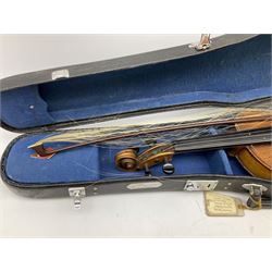 Two cased Skylark violins with bows, largest violin L59cm 