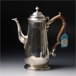 Late Victorian silver small coffee pot with stained wood handle and domed cover and engrav...