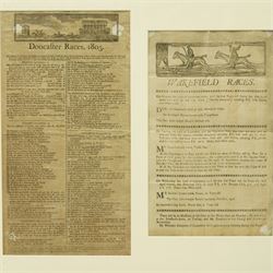 18th century  handbill for 'Leedes Races June 1760' with list of the runners, owners etc 29cm x 17cm, another for 'Wakefield Races September 1773', another 'Preston Races June 1783' with hand written notes down one side, another 'Pontefract September 1803' and another 'Doncaster Races September 1805' in one frame 48cm x 114cm
Notes: The Leedes bill advertises Ordinairies and Cockings.  Ordinairies were fixed price meals offered by various taverns and Cockings were cock fights arranged for entertainment between races 
Provenance: property of a Nobleman