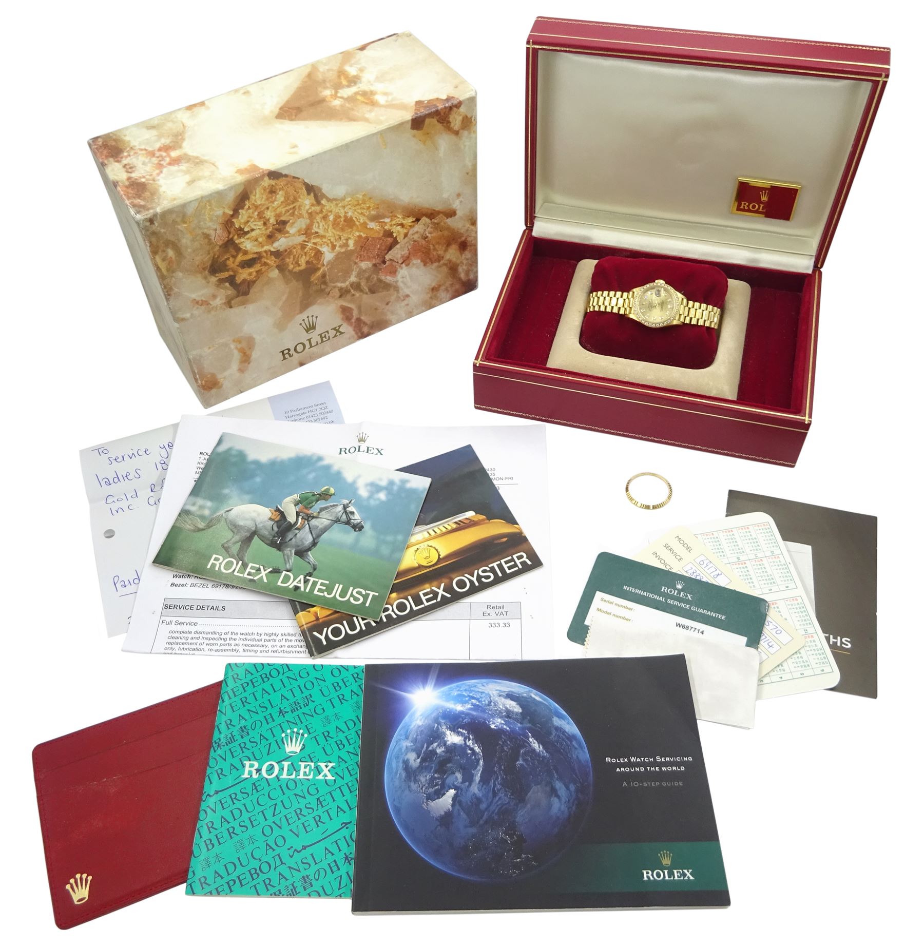 Rolex Oyster perpetual Datejust ladies 18ct gold automatic wristwatch, circa 1995, Ref. 69178, serial No. W687714, champagne dial with diamond hour markers, aftermarket diamond bezel and original gold bezel, on 18ct gold Rolex president bracelet with fold-over clasp, hallmarked, boxed with service guarantees