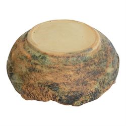 Studio pottery bowl, textured bowl with fish to the rim, with indistinct potters mark to base, H14cm, 38cm