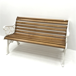 Scrolling wrought metal garden bench, white painted finish, hardwood slats, W72cm