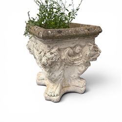 Five composition stone garden planters, comprising various circular and square forms with relief foliate decoration, together with a cylindrical lidded garden pot.