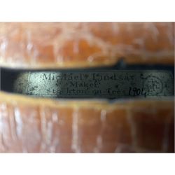 Michael Lindsay of Stockton-on-Tees violin, dated 1904 on the label and stamped on the neck, full length 60cm In a later soft case