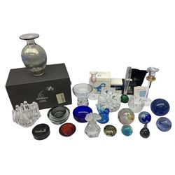 Quantity of art glass and glass paperweights to include Gozo vase, the body decorated with gilt design and in colours of blue and white, boxed, Caithness 'Pastel' and 'Mooncrystal' paperweights, both boxed, Strömbergshyttan of Sweden dish marked Stromburg H95, Caithness candle stick, Lalique style scent bottle, etc