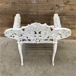 20th century Coalbrookdale design cast iron oak leaf and acorn armchair, white painted cast iron frame with slatted wooden seat, the pierced and shaped back decorated with scrolling oak branches and leafage, flanked by dog mask arm terminals over cabriole supports with paw feet